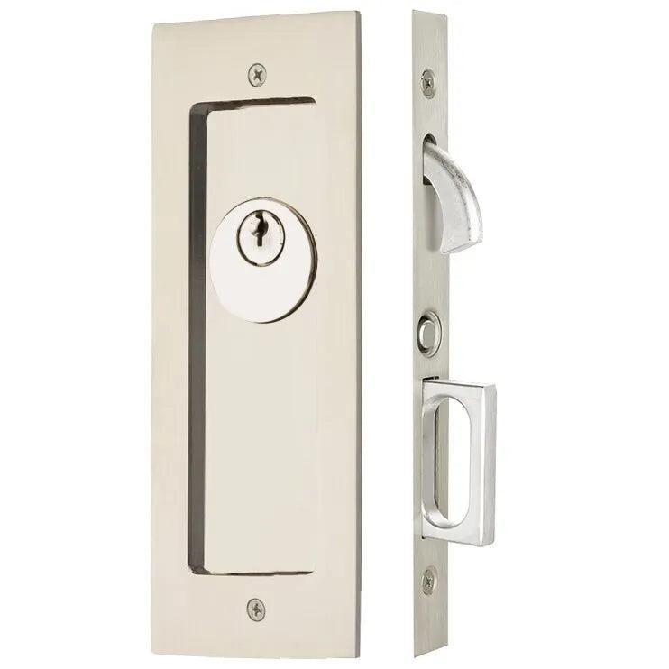Emtek Keyed Modern Rectangular Pocket Door Mortise Lock in Lifetime Polished Nickel finish