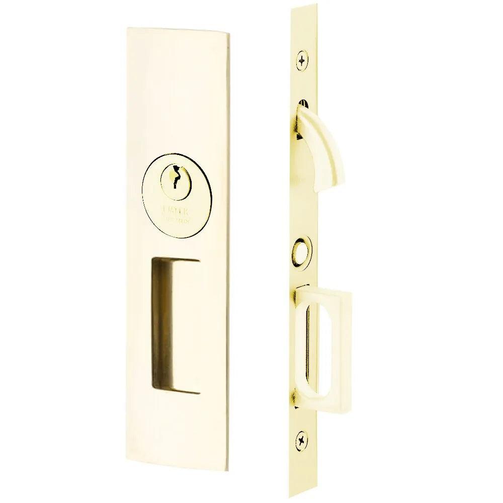 Emtek Keyed Narrow Modern Rectangular Pocket Door Mortise Lock Unlacquered Brass