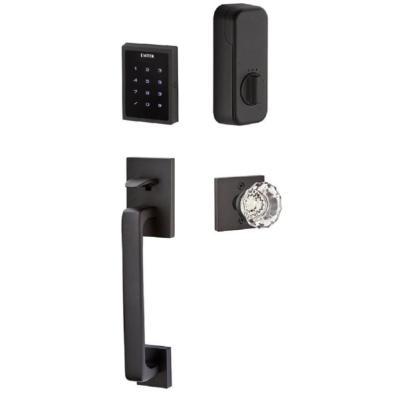 The Emtek Electronic EMPowered Motorized Touchscreen Keypad Entry Set With Baden Grip and Astoria Clear Crystal Knob in Flat Black finish