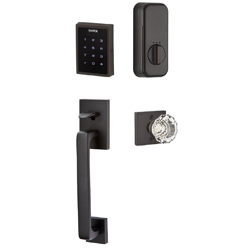 The Emtek Electronic EMPowered Motorized Touchscreen Keypad Entry Set With Baden Grip and Astoria Clear Crystal Knob in Oil Rubbed Bronze finish