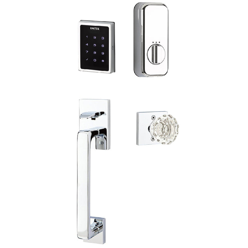 The Emtek Electronic EMPowered Motorized Touchscreen Keypad Entry Set With Baden Grip and Astoria Clear Crystal Knob in Polished Chrome finish