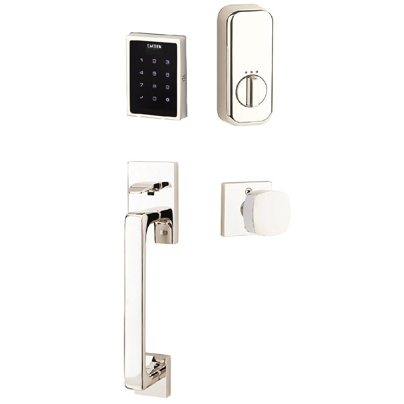 The Emtek Electronic EMPowered Motorized Touchscreen Keypad Entry Set With Baden Grip and Freestone Square Knob in Lifetime Polished Nickel finish