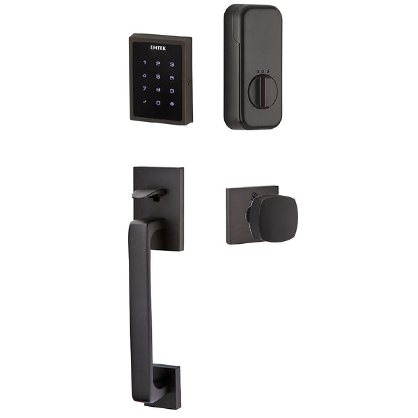 The Emtek Electronic EMPowered Motorized Touchscreen Keypad Entry Set With Baden Grip and Freestone Square Knob in Oil Rubbed Bronze finish