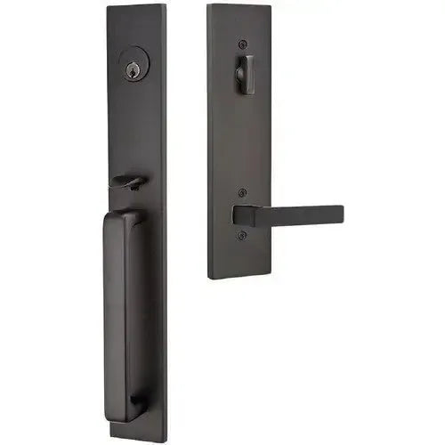 Emtek Lausanne Entrance Handleset With Dumont Lever in Flat Black finish