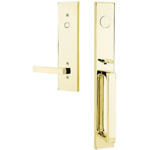 Emtek Lausanne Entrance Handleset With Dumont Lever Unlacquered Brass