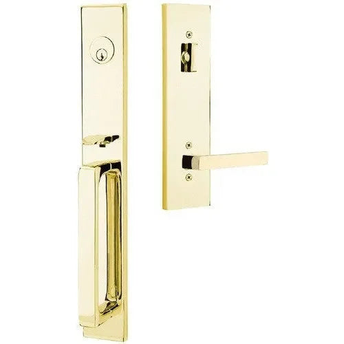 Emtek Lausanne Entrance Handleset With Dumont Lever Unlacquered Brass