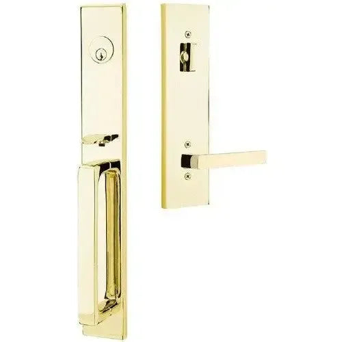 Emtek Lausanne Entrance Handleset With Dumont Lever in Unlacquered Brass finish