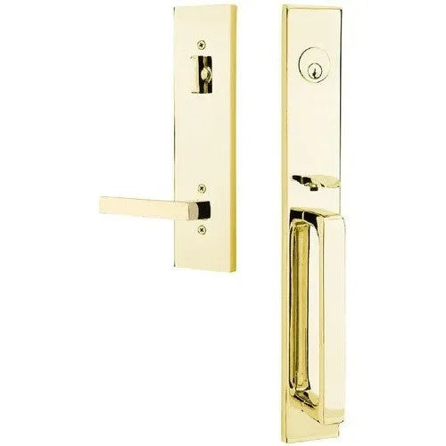 Emtek Lausanne Entrance Handleset With Dumont Lever Unlacquered Brass