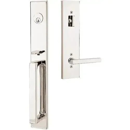 Emtek Lausanne Entrance Handleset With Freestone Lever in Lifetime Polished Nickel finish