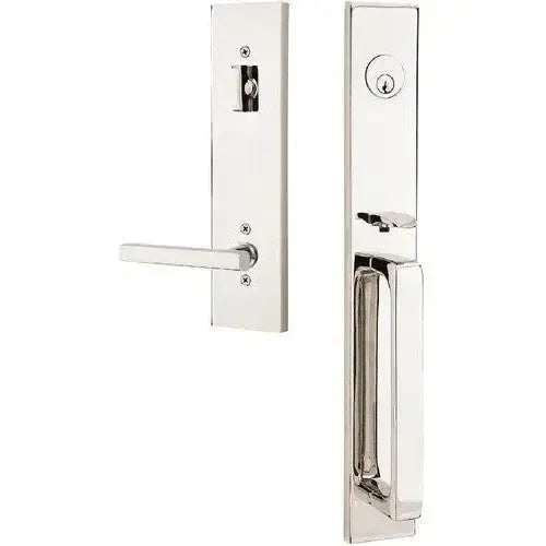 Emtek Lausanne Entrance Handleset With Freestone Lever in Lifetime Polished Nickel finish