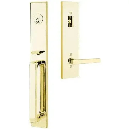 Emtek Lausanne Entrance Handleset With Freestone Lever in Unlacquered Brass finish