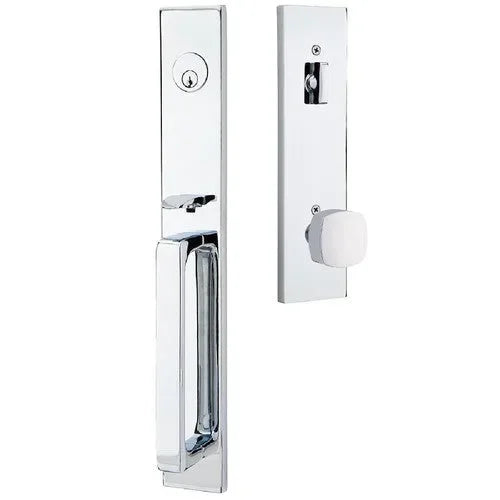 Emtek Lausanne Entrance Handleset With Freestone Square Knob in Polished Chrome finish
