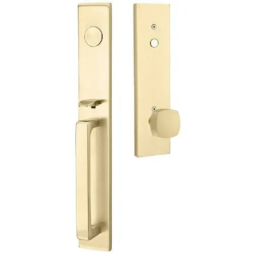 Emtek Lausanne Entrance Handleset With Freestone Square Knob in Satin Brass finish