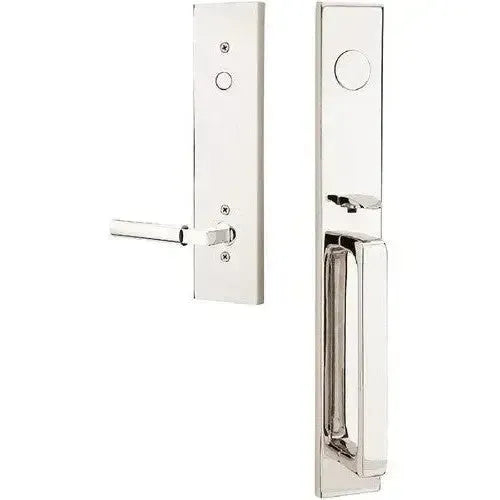 Emtek Lausanne Entrance Handleset With Hercules Lever in Lifetime Polished Nickel finish