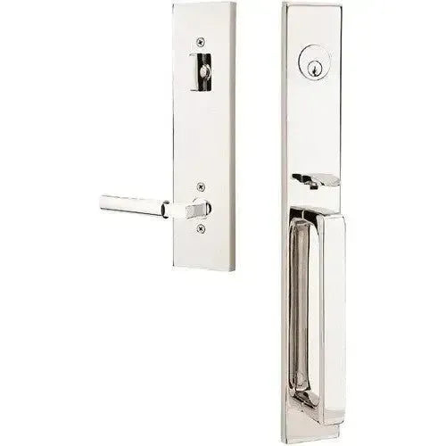 Emtek Lausanne Entrance Handleset With Hercules Lever in Lifetime Polished Nickel finish