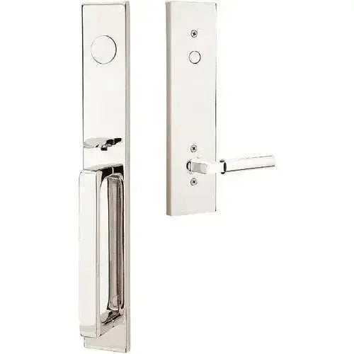 Emtek Lausanne Entrance Handleset With Hercules Lever in Lifetime Polished Nickel finish