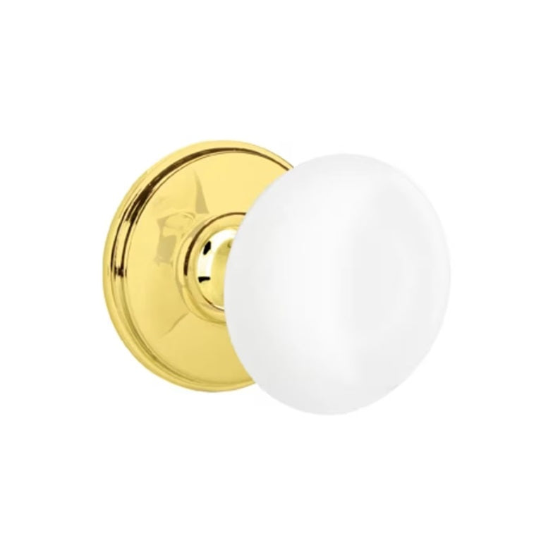 Emtek Ice White Porcelain Knob with Watford Rosette in Lifetime Polished Brass finish