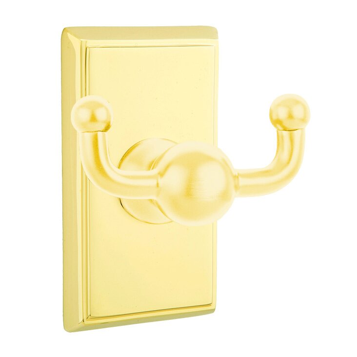 Emtek Traditional Brass Double Robe Hook With Rectangular Rosette in Lifetime Polished Brass finish