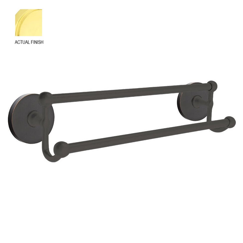 The Emtek Traditional Brass Double Towel Bar with Small Disc Rosette in Lifetime Polished Brass finish.