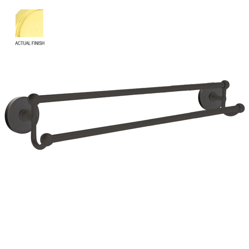 The Emtek Traditional Brass Double Towel Bar with Small Disc Rosette in Lifetime Polished Brass finish.