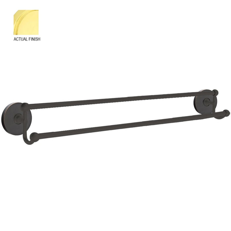 The Emtek Traditional Brass Double Towel Bar with Small Disc Rosette in Lifetime Polished Brass finish.