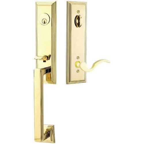 Emtek Wilshire Tubular Entrance Handleset With Cortina Lever in Lifetime Polished Brass finish