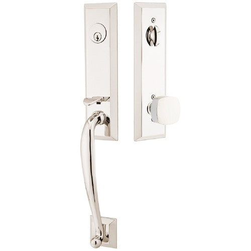 Emtek Adams Tubular Entrance Handleset With Freestone Square Knob in Lifetime Polished Nickel finish