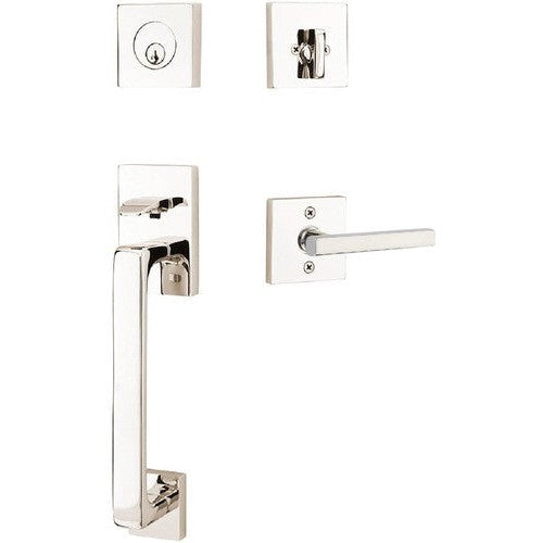 Emtek Baden Entrance Handleset With Freestone Lever in Lifetime Polished Nickel finish