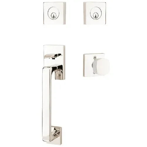 Emtek Baden Entrance Handleset With Freestone Square Knob in Lifetime Polished Nickel finish