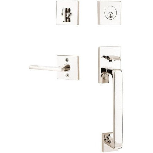 Emtek Baden Tubular Entrance Handleset with Helios Lever in Lifetime Polished Nickel finish