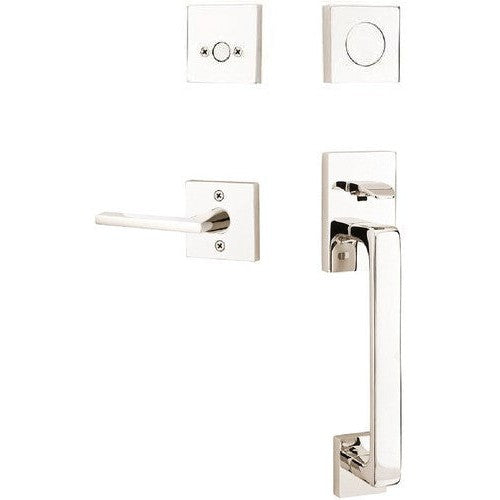 Emtek Baden Tubular Entrance Handleset with Helios Lever in Lifetime Polished Nickel finish