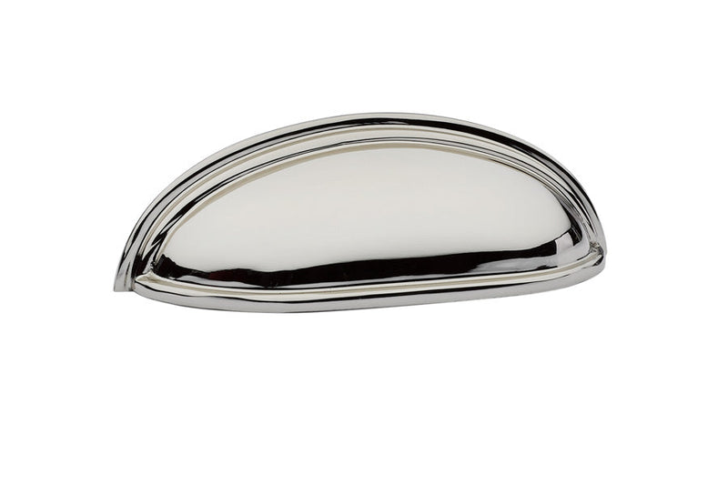 The Emtek Cup Cabinet Pull, 4" Center to Center in Lifetime Polished Nickel finish