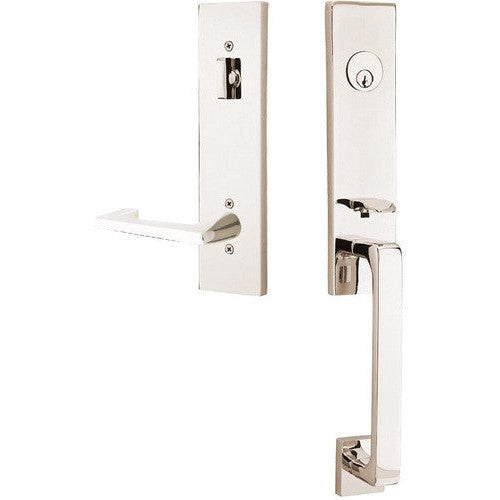 Emtek Davos Handleset with Interior Argos Lever in Lifetime Polished Nickel finish