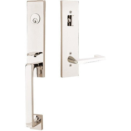 Emtek Davos Handleset with Interior Argos Lever in Lifetime Polished Nickel finish