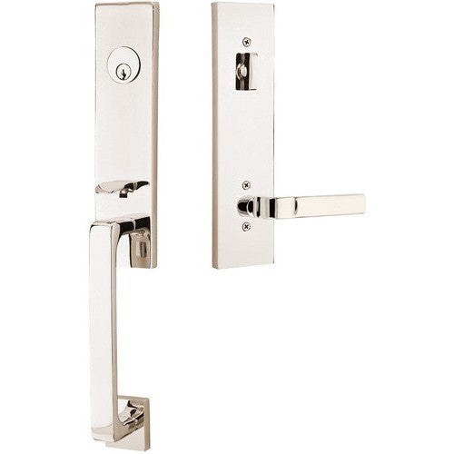 Emtek Davos Handleset with Interior Aston Lever in Lifetime Polished Nickel finish