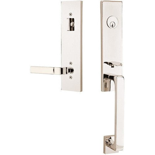 Emtek Davos Handleset with Interior Aston Lever in Lifetime Polished Nickel finish