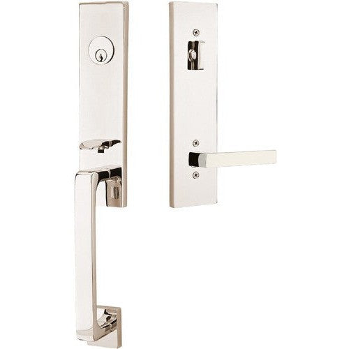 Emtek Davos Tubular Entrance Handleset With Dumont Lever in Lifetime Polished Nickel finish