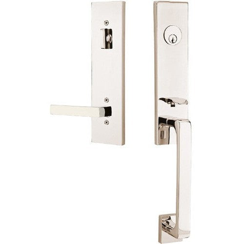 Emtek Davos Tubular Entrance Handleset With Dumont Lever in Lifetime Polished Nickel finish