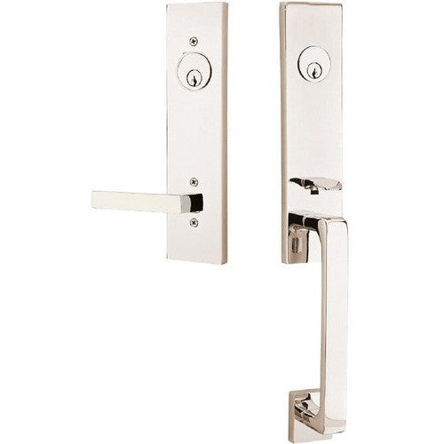 Emtek Davos Tubular Entrance Handleset With Dumont Lever in Lifetime Polished Nickel finish