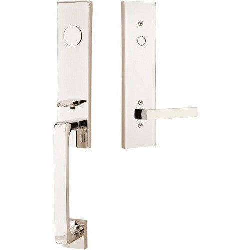 Emtek Davos Tubular Entrance Handleset With Dumont Lever in Lifetime Polished Nickel finish