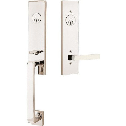 Emtek Davos Tubular Entrance Handleset With Dumont Lever in Lifetime Polished Nickel finish