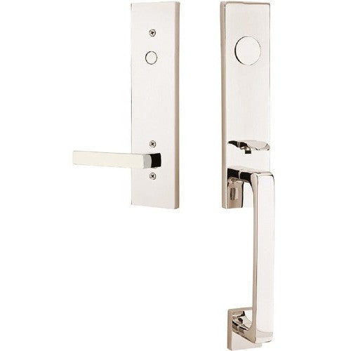 Emtek Davos Tubular Entrance Handleset With Dumont Lever in Lifetime Polished Nickel finish