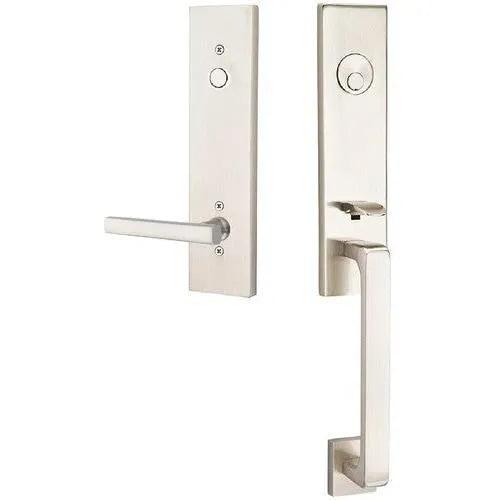 Emtek Davos Tubular Entrance Handleset With Freestone Lever in Lifetime Polished Nickel finish