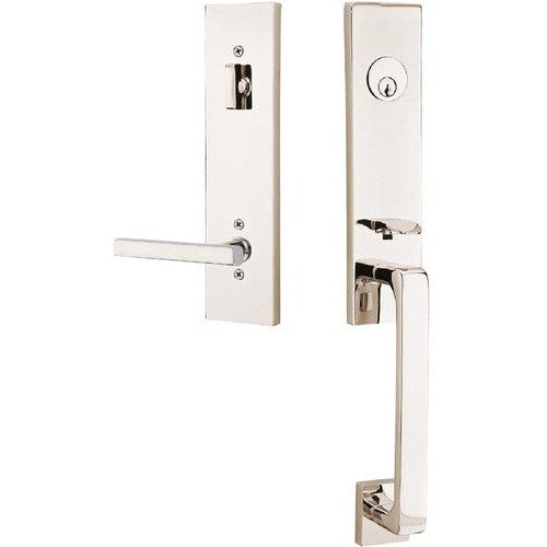 Emtek Davos Tubular Entrance Handleset With Freestone Lever in Lifetime Polished Nickel finish