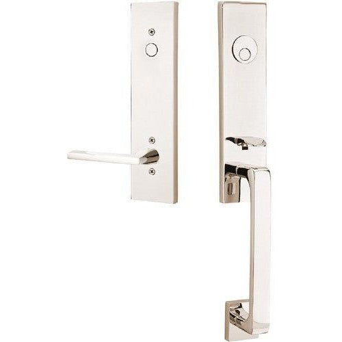 Emtek Davos Tubular Entrance Handleset With Helios Lever in Lifetime Polished Nickel finish