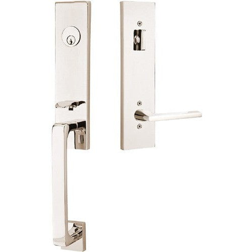 Emtek Davos Tubular Entrance Handleset With Helios Lever in Lifetime Polished Nickel finish