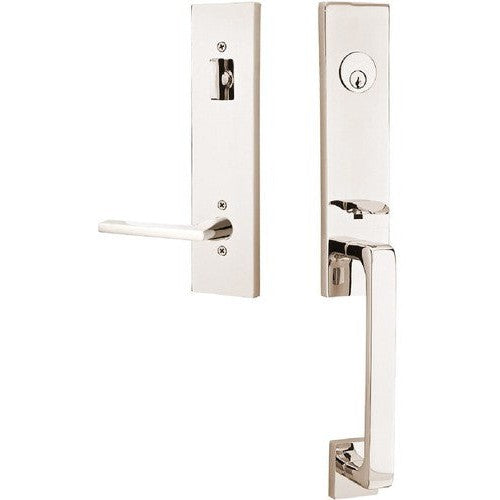 Emtek Davos Tubular Entrance Handleset With Helios Lever in Lifetime Polished Nickel finish