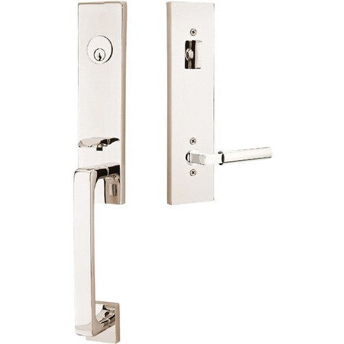 Emtek Davos Tubular Entrance Handleset With Hercules Lever in Lifetime Polished Nickel finish