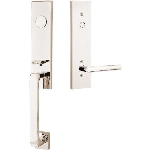 Emtek Davos Tubular Entrance Handleset With Stuttgart Lever in Lifetime Polished Nickel finish