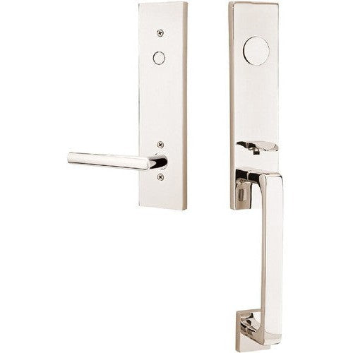 Emtek Davos Tubular Entrance Handleset With Stuttgart Lever in Lifetime Polished Nickel finish